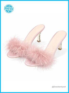 Faux Fur Feather Kitten Heel Open Toe Slide Slippers for Wedding Party